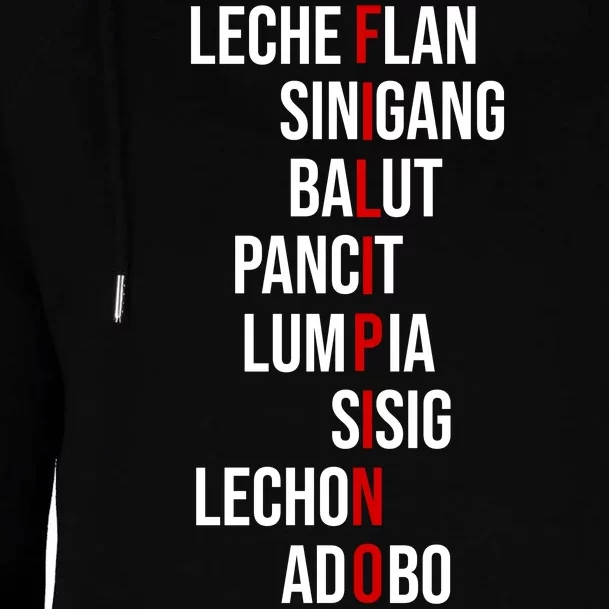 Filipino Lech Flan Sinigang Balut Pancit Lumpia Sisig Lechon Adobo Womens Funnel Neck Pullover Hood