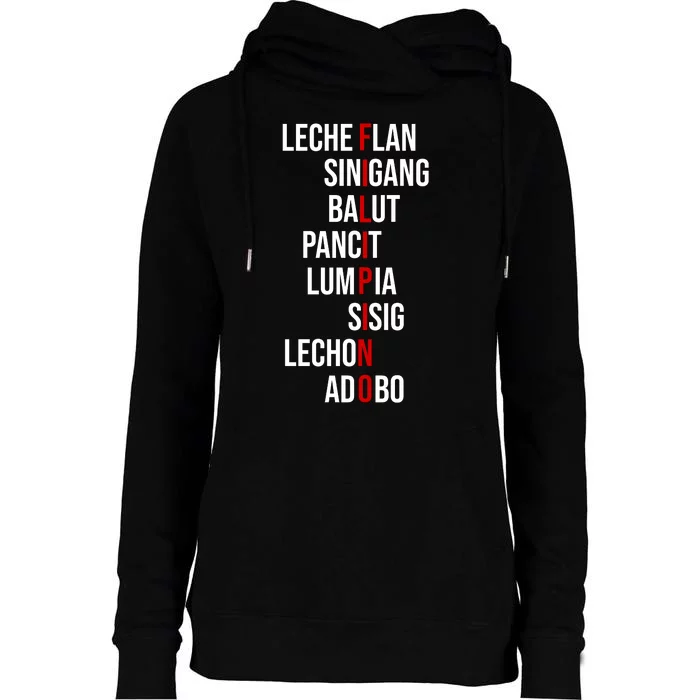 Filipino Lech Flan Sinigang Balut Pancit Lumpia Sisig Lechon Adobo Womens Funnel Neck Pullover Hood