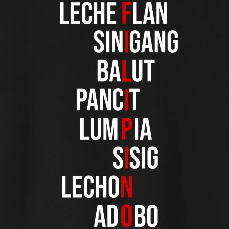 Filipino Lech Flan Sinigang Balut Pancit Lumpia Sisig Lechon Adobo Women's Crop Top Tee