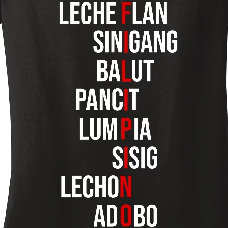 Filipino Lech Flan Sinigang Balut Pancit Lumpia Sisig Lechon Adobo Women's V-Neck T-Shirt