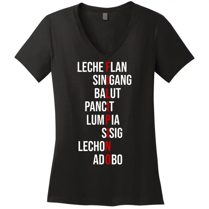 Filipino Lech Flan Sinigang Balut Pancit Lumpia Sisig Lechon Adobo Women's V-Neck T-Shirt