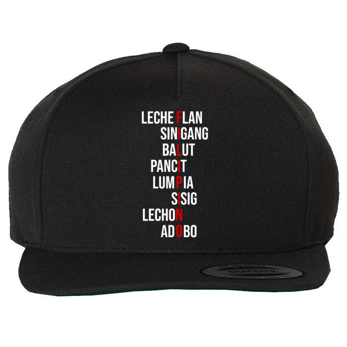 Filipino Lech Flan Sinigang Balut Pancit Lumpia Sisig Lechon Adobo Wool Snapback Cap