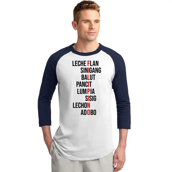 Filipino Lech Flan Sinigang Balut Pancit Lumpia Sisig Lechon Adobo Baseball Sleeve Shirt