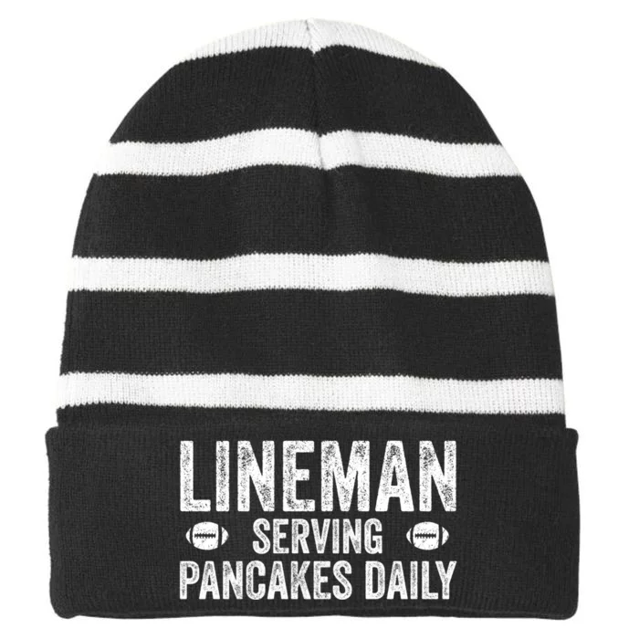 Football Lineman Funny Gift Serving Pancakes Daily Striped Beanie with Solid Band