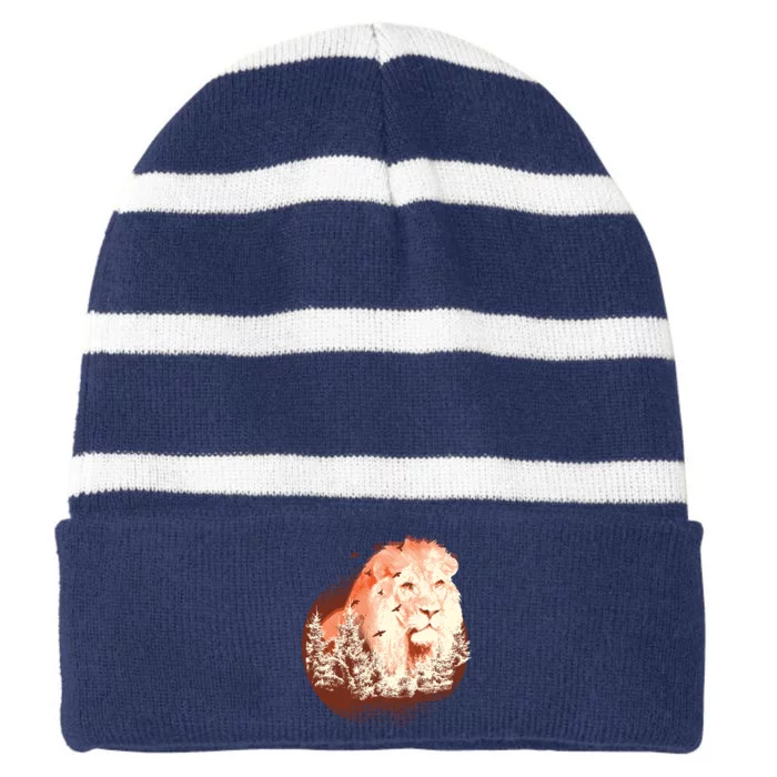 Forest Lion Striped Beanie with Solid Band