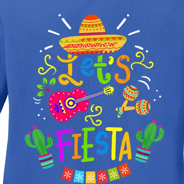 Funny Let's Fiesta Cinco De Mayo Mexican Guitar Cactus Ladies Long Sleeve Shirt