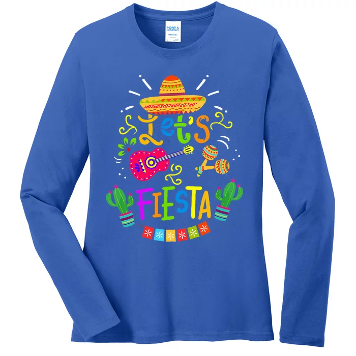 Funny Let's Fiesta Cinco De Mayo Mexican Guitar Cactus Ladies Long Sleeve Shirt