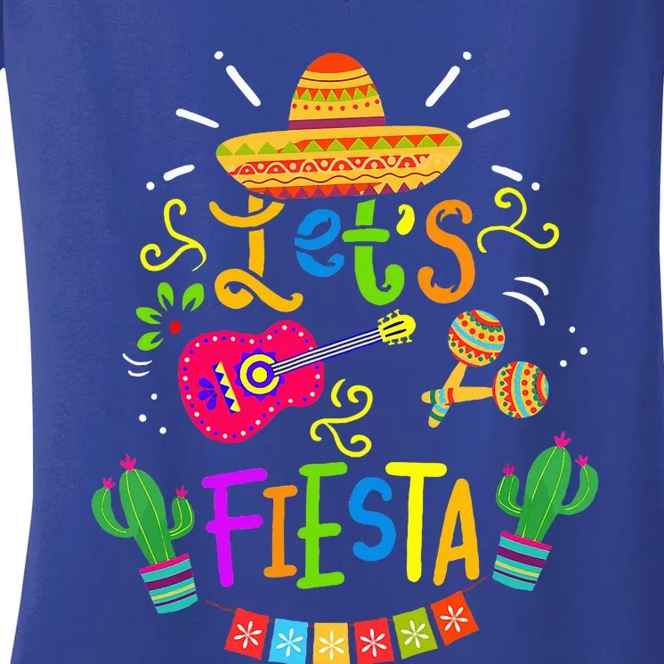 Funny Let's Fiesta Cinco De Mayo Mexican Guitar Cactus Women's V-Neck T-Shirt