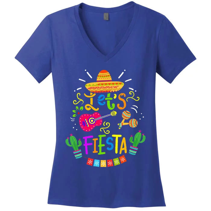 Funny Let's Fiesta Cinco De Mayo Mexican Guitar Cactus Women's V-Neck T-Shirt