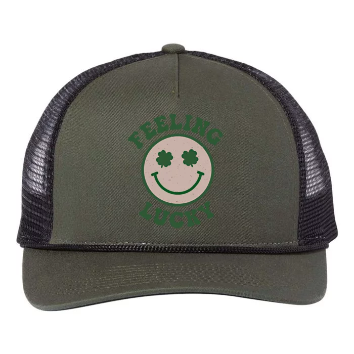 Feeling Lucky Funny St Patrick Day Shamrock Smile Face Meme Gift Retro Rope Trucker Hat Cap