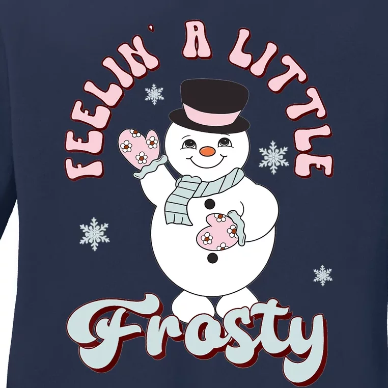 Feelin Little Frostys Snowman Groovy Retro Christmas Pajama Ladies Long Sleeve Shirt