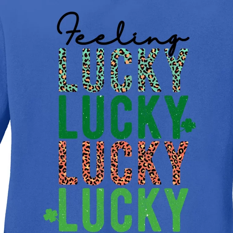 Feeling Lucky Green Clovers Trendy Prints Fun Holiday Funny Gift Ladies Long Sleeve Shirt