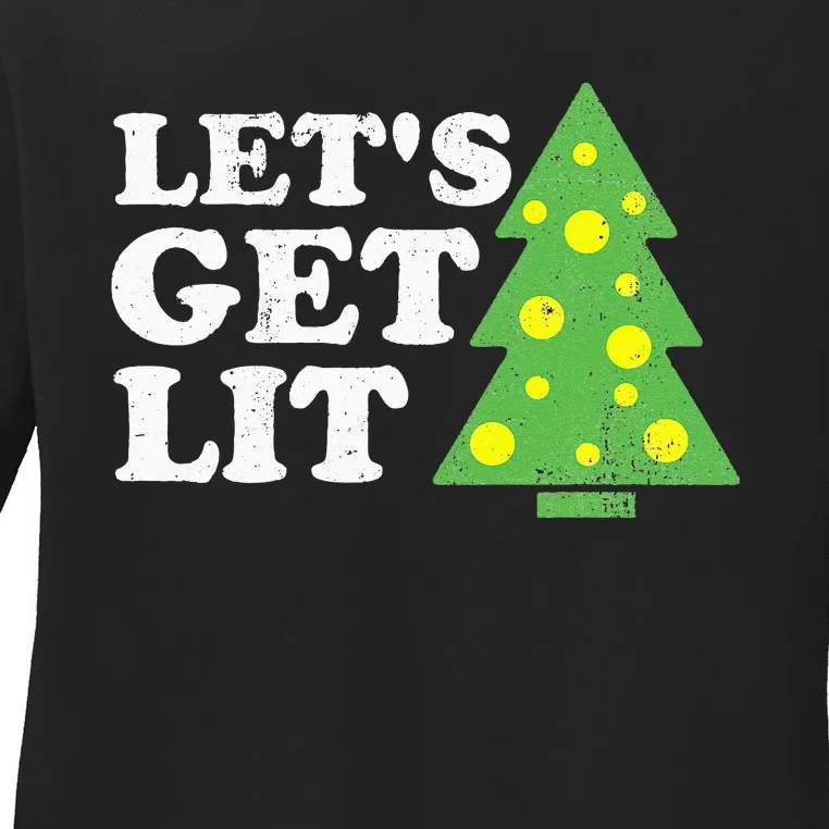 Funny Lets Get Lit Christmas Tree Retro Ugly Party Gift Idea Ladies Long Sleeve Shirt