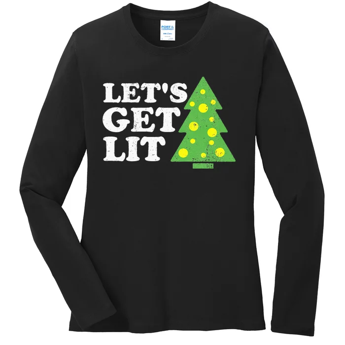 Funny Lets Get Lit Christmas Tree Retro Ugly Party Gift Idea Ladies Long Sleeve Shirt