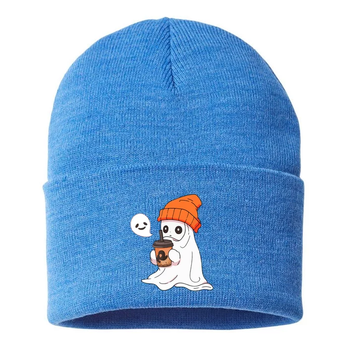 Funny Little Ghost Drinking Coffee Cute Halloween Spooky Season Gift Sustainable Knit Beanie