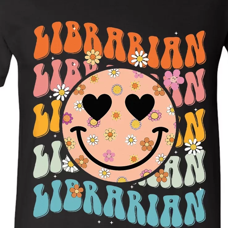 Funny Librarian Groovy Back To School Teachers Day V-Neck T-Shirt