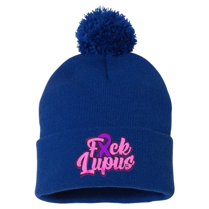 Fuck Lupus Gift Lupus Awareness Month Purple Ribbon Gift Pom Pom 12in Knit Beanie