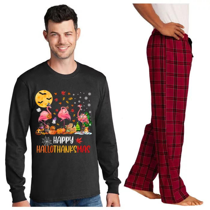 Flamingo Lover Happy Hallothanksmas Meaningful Gift Long Sleeve Pajama Set