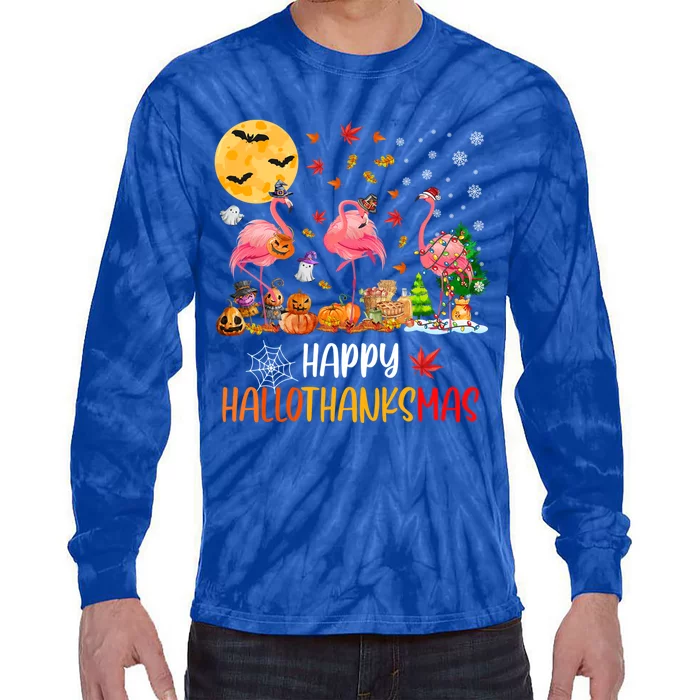 Flamingo Lover Happy Hallothanksmas Meaningful Gift Tie-Dye Long Sleeve Shirt