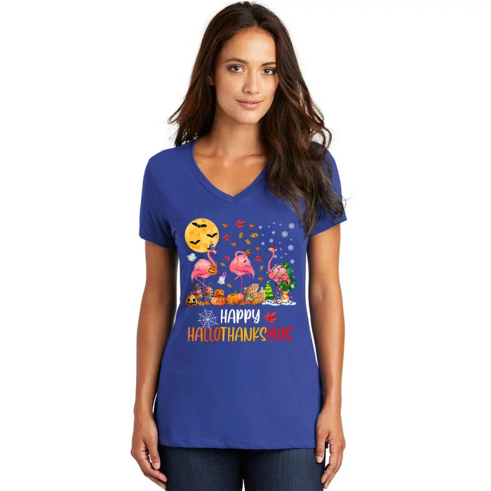 Flamingo Lover Happy Hallothanksmas Meaningful Gift Women's V-Neck T-Shirt