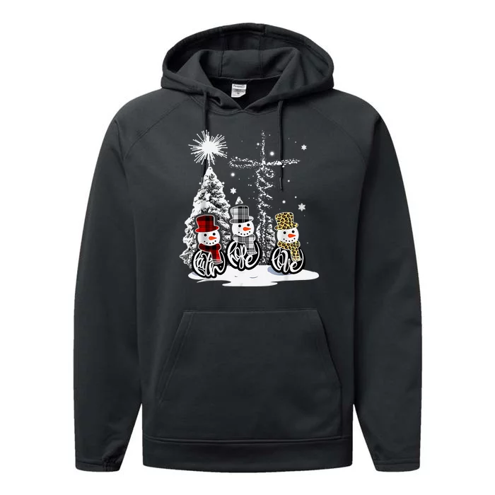 Faith Love Hope Cross Winter Snowman Performance Fleece Hoodie