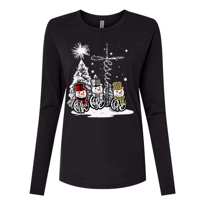 Faith Love Hope Cross Winter Snowman Womens Cotton Relaxed Long Sleeve T-Shirt