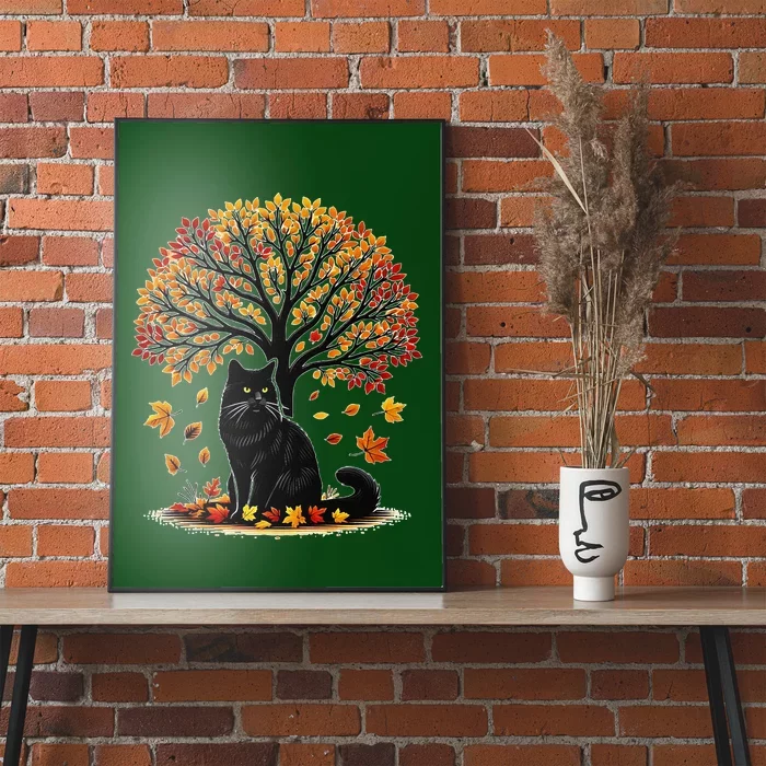 Fall Leaves Hello Autumn Cat Tree Thanksgiving Poster