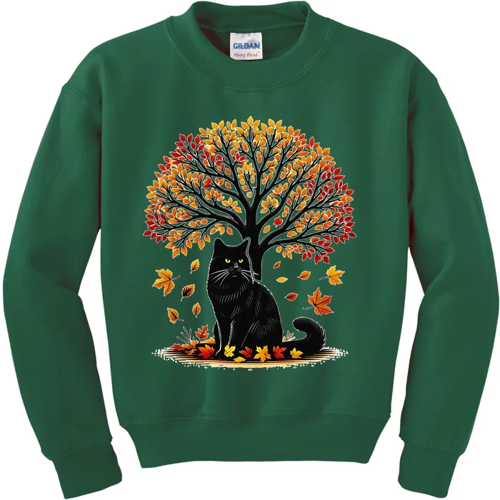 Fall Leaves Hello Autumn Cat Tree Thanksgiving Kids Sweatshirt