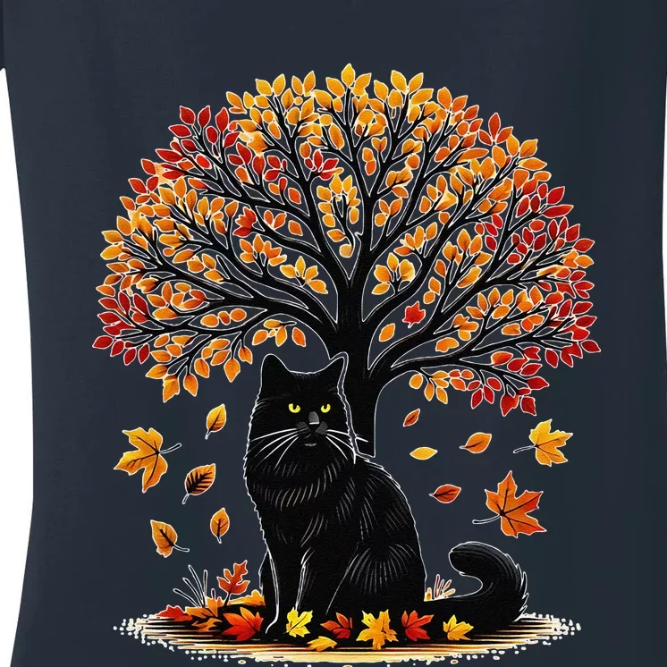 Fall Leaves Hello Autumn Cat Tree Thanksgiving Women's V-Neck T-Shirt