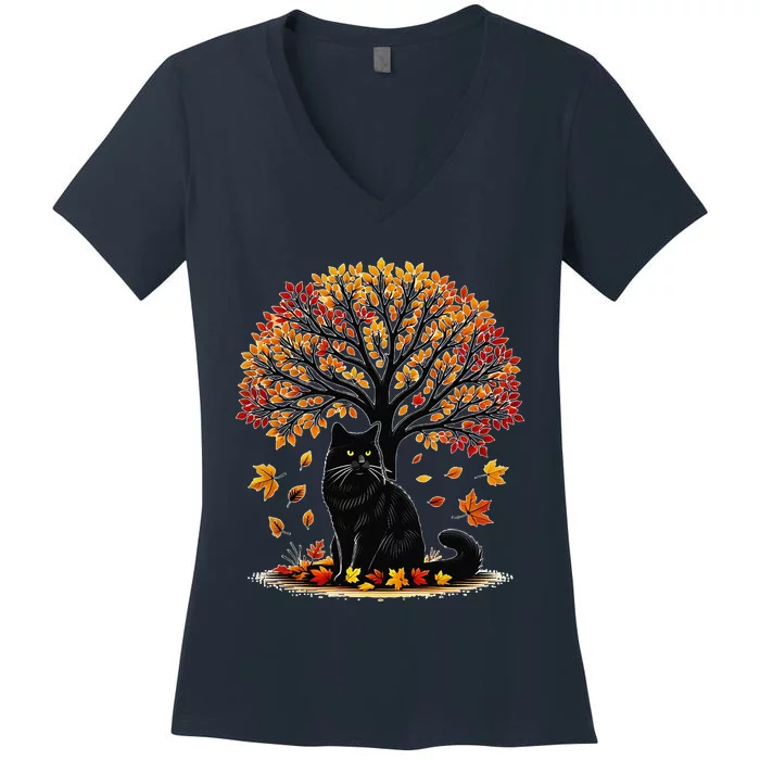 Fall Leaves Hello Autumn Cat Tree Thanksgiving Women's V-Neck T-Shirt