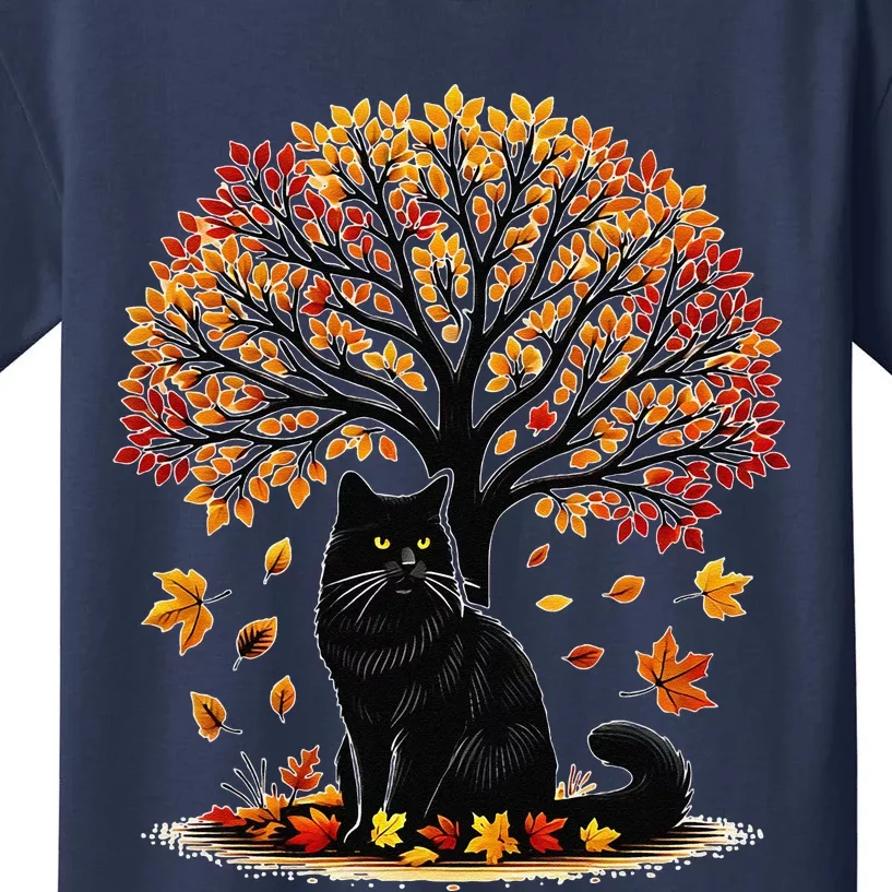 Fall Leaves Hello Autumn Cat Tree Thanksgiving Kids T-Shirt