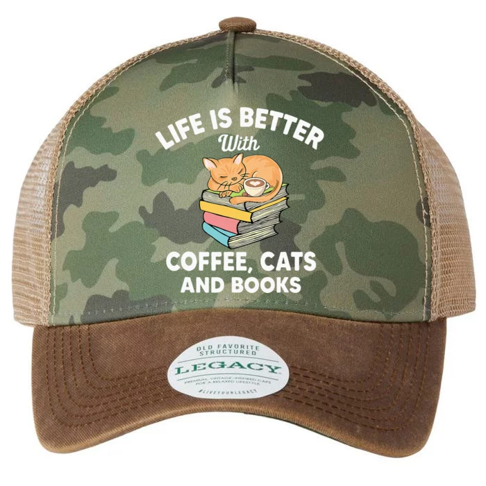 Funny Life Is Better With Coffee Cats & Books Legacy Tie Dye Trucker Hat