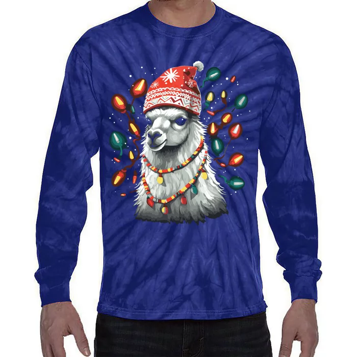 Festive Llama In Christmas Attire Tie-Dye Long Sleeve Shirt