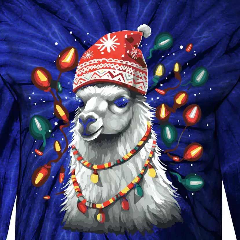 Festive Llama In Christmas Attire Tie-Dye Long Sleeve Shirt