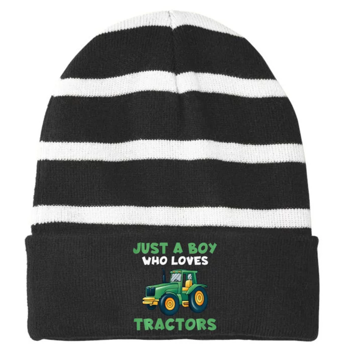 Farm Lifestyle Just A Boyss Who Loves Tractors Striped Beanie with Solid Band