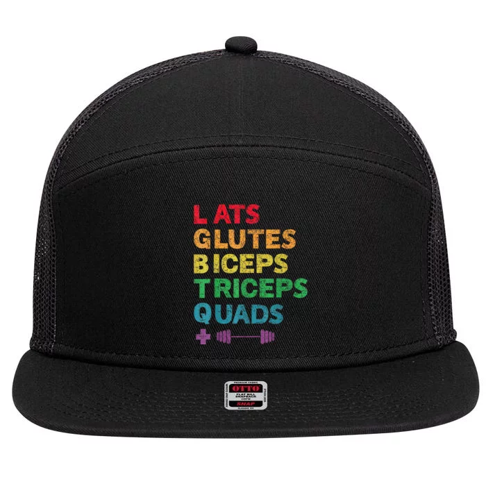 Funny Lgbtq Lats Glutes Biceps Triceps Quads Weightlifting 7 Panel Mesh Trucker Snapback Hat