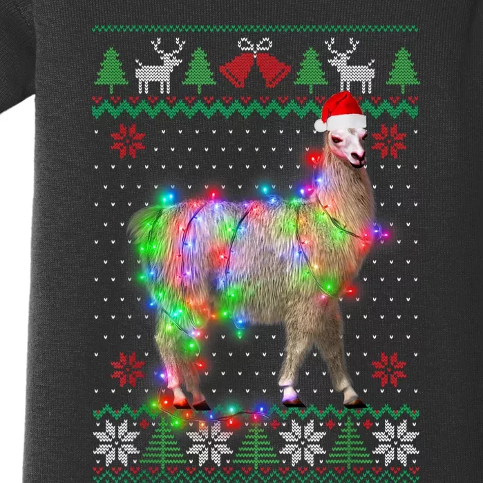 Funny Llama Lights Tangled Ugly Sweater Christmas Animals Baby Bodysuit