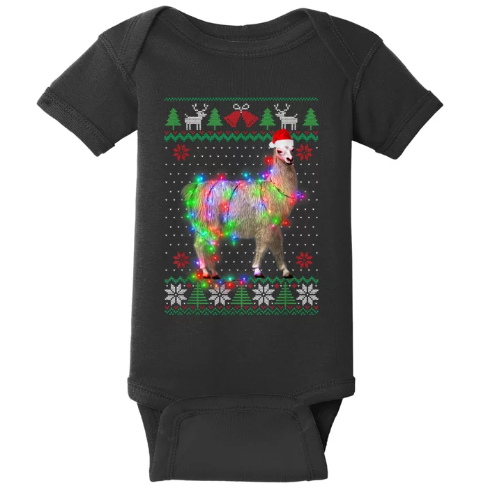 Funny Llama Lights Tangled Ugly Sweater Christmas Animals Baby Bodysuit