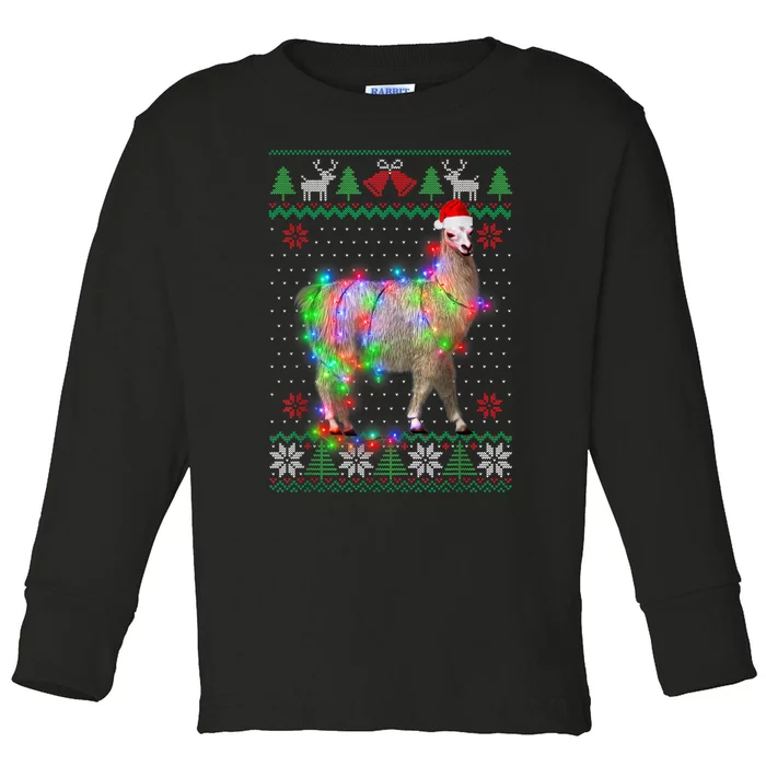 Funny Llama Lights Tangled Ugly Sweater Christmas Animals Toddler Long Sleeve Shirt