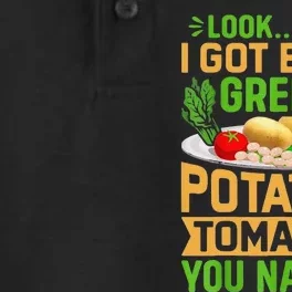 Funny Look Look I Got Beans Greens Potatoes Tomatoes You Name It Dry Zone Grid Performance Polo