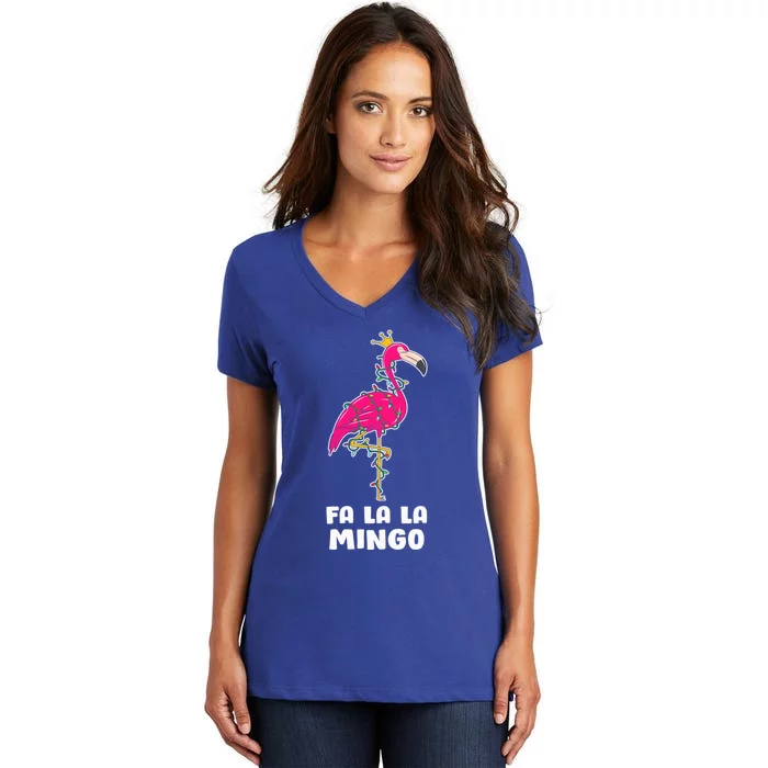 Fa La La Mingo Flamingo Christmas Tree Lights Tropical Xmas Gift Women's V-Neck T-Shirt