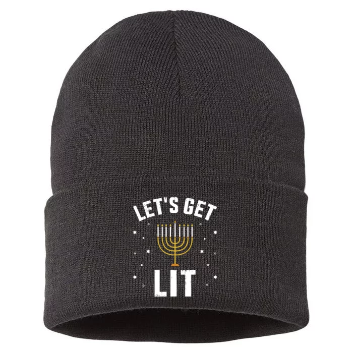 Funny LetS Lit With Menorah For Jewish Hanukkah Sustainable Knit Beanie