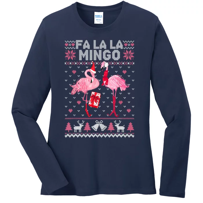 Fa La La La Mingo Flamingo Santa Pink Ugly Christmas Sweater Ladies Long Sleeve Shirt