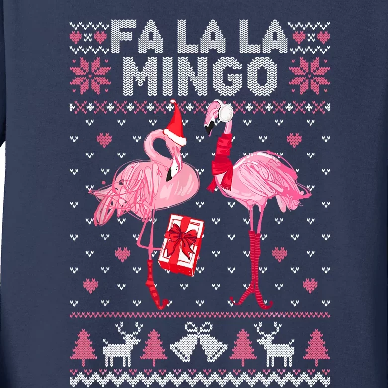 Fa La La La Mingo Flamingo Santa Pink Ugly Christmas Sweater Kids Long Sleeve Shirt