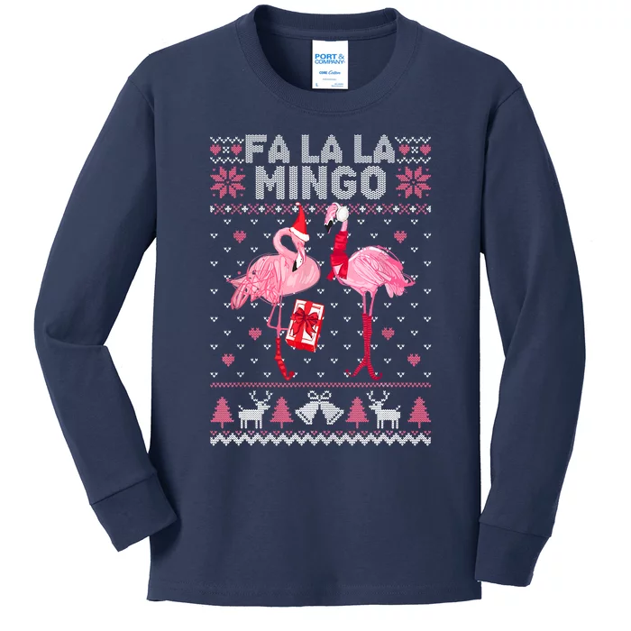 Fa La La La Mingo Flamingo Santa Pink Ugly Christmas Sweater Kids Long Sleeve Shirt