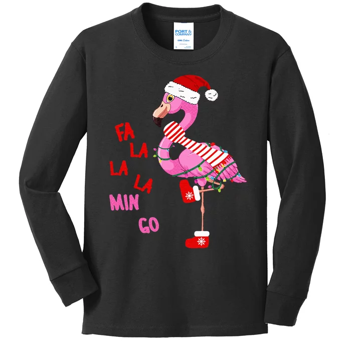 Fa La La Mingo Flamingo Christmas Tree Lights Tropical Xmas Kids Long Sleeve Shirt