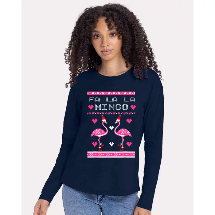 Fa La La La Mingo Flamingo Santa Pink Ugly Christmas Womens Cotton Relaxed Long Sleeve T-Shirt