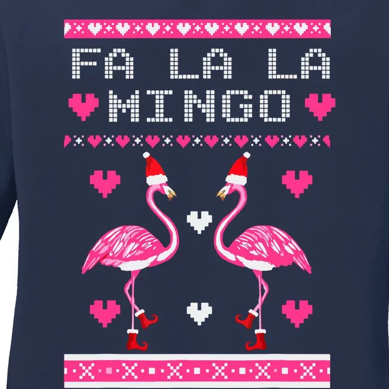 Fa La La La Mingo Flamingo Santa Pink Ugly Christmas Ladies Long Sleeve Shirt