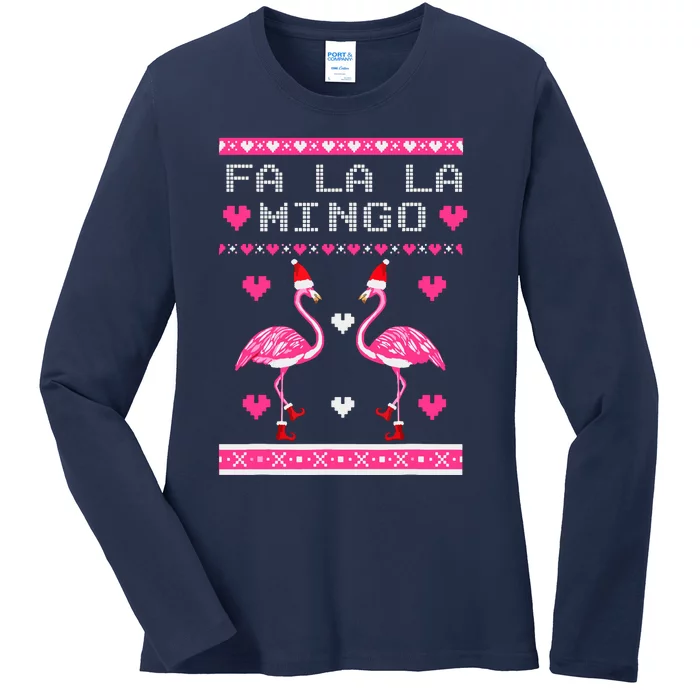 Fa La La La Mingo Flamingo Santa Pink Ugly Christmas Ladies Long Sleeve Shirt