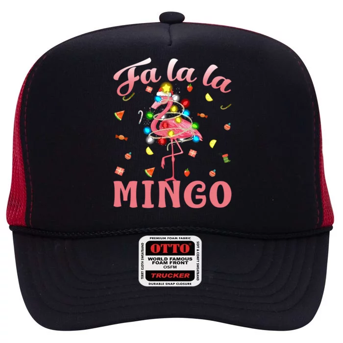 Fa La La Mingo Flamingo Christmas Tree Lights Tropical Xmas Gift High Crown Mesh Trucker Hat